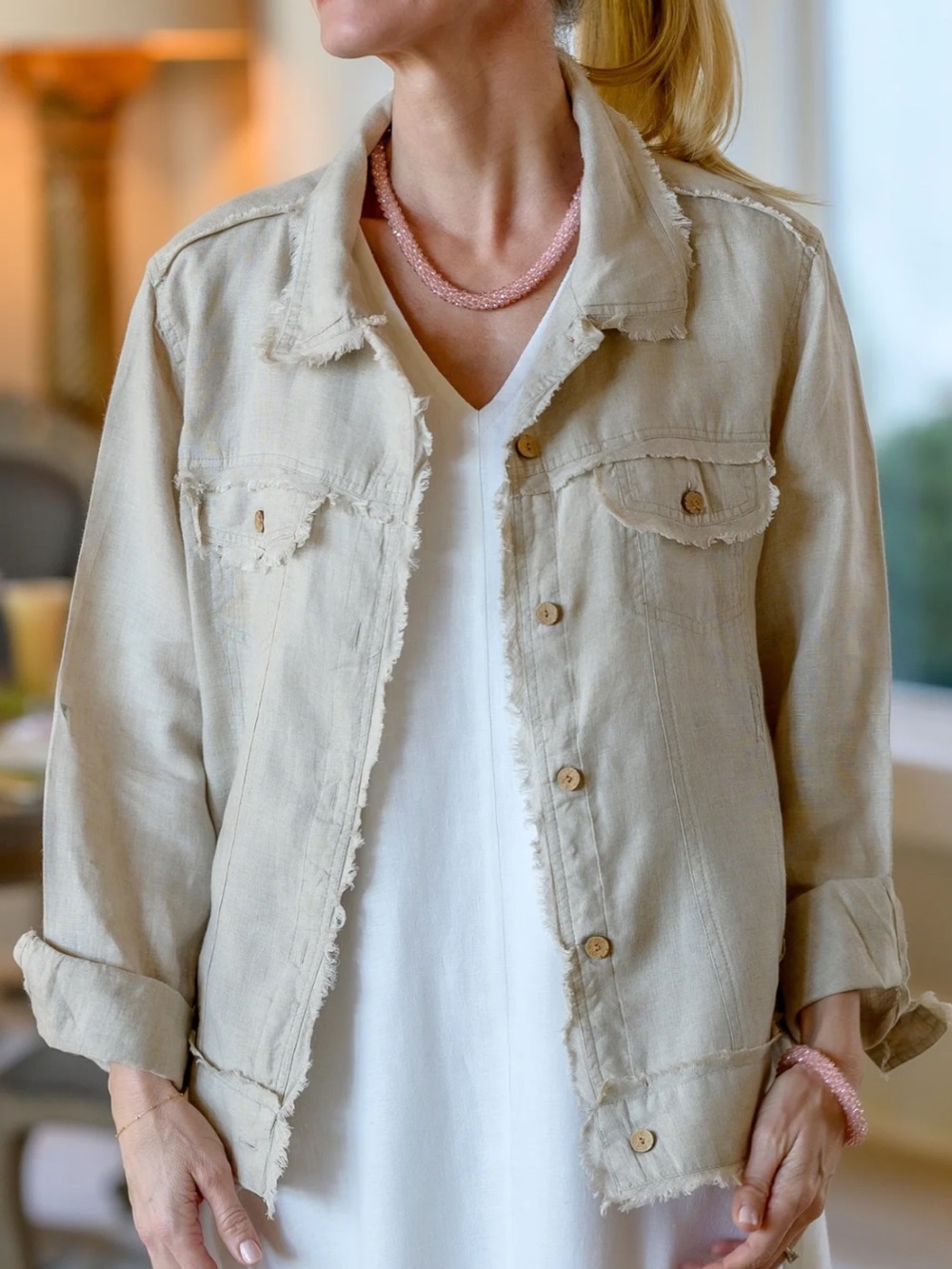 Crown Linen Designs Jessie Frayed Linen Jacket M